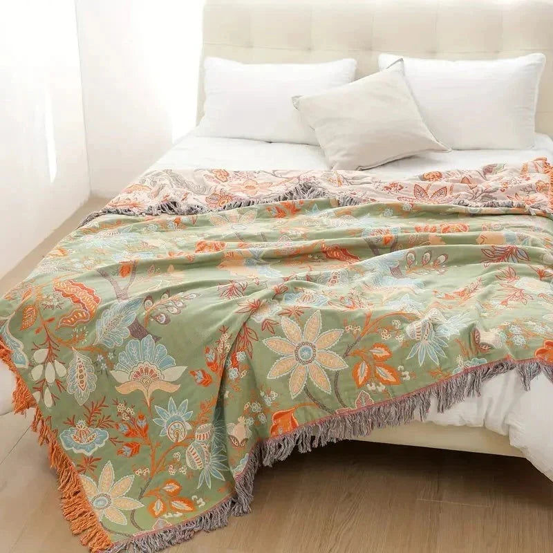Throw Blanket Lightweight Woven Cotton Tasseled Fringe