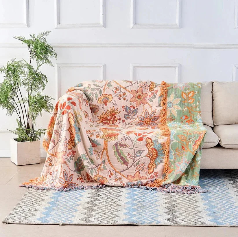 Throw Blanket Lightweight Woven Cotton Tasseled Fringe