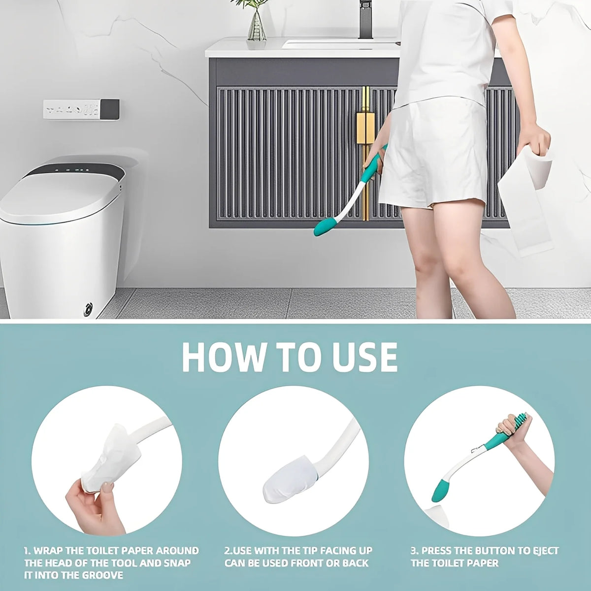 Toilet Wiping Aid Extended Reach Handle Cushioned Tip