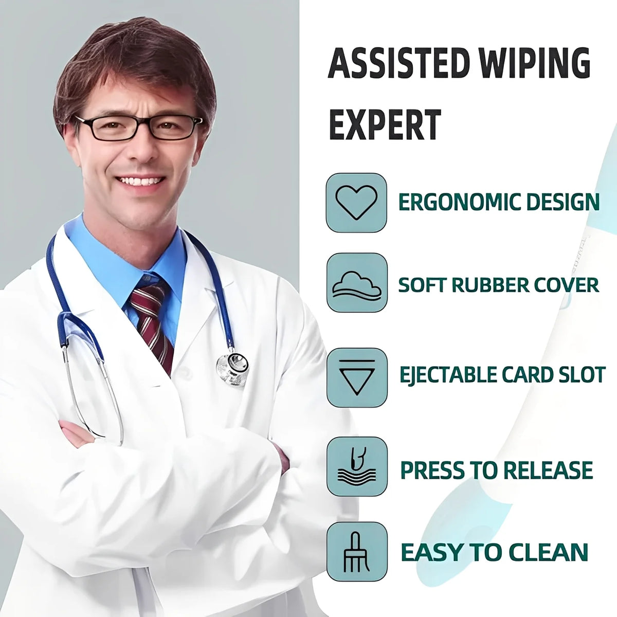 Toilet Wiping Aid Extended Reach Handle Cushioned Tip