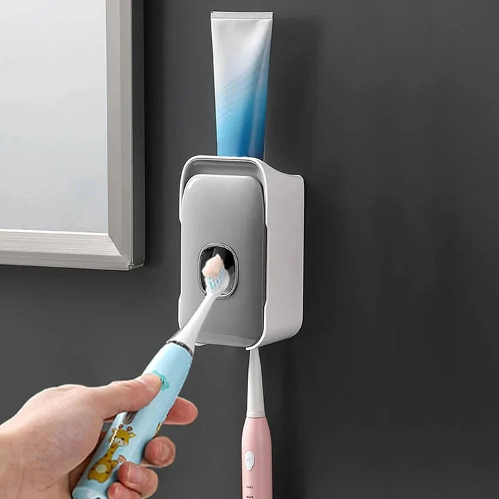 Toothpaste Dispenser One-Touch Adhesive Mount & Two-Brush Holder