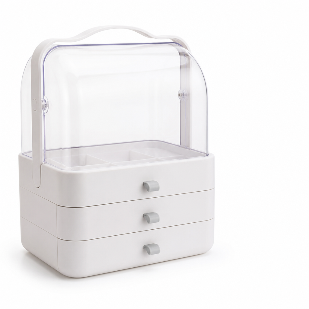 Transparent Top Cover Tiered Makeup Organizer Box (3-Drawer)