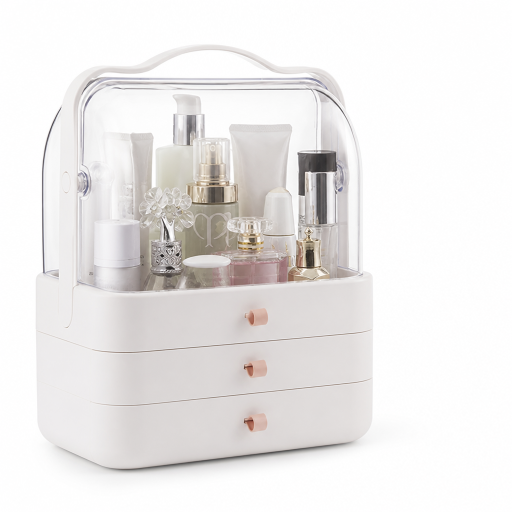 Transparent Top Cover Tiered Makeup Organizer Box (3-Drawer)