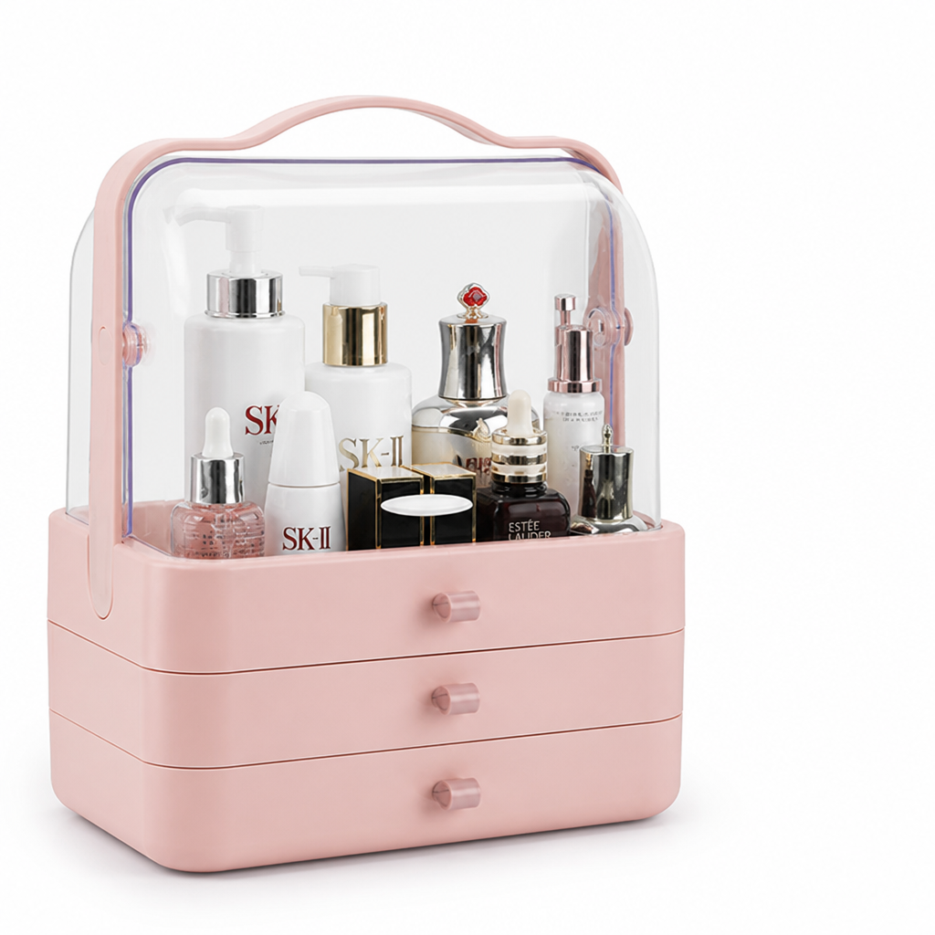 Transparent Top Cover Tiered Makeup Organizer Box (3-Drawer)