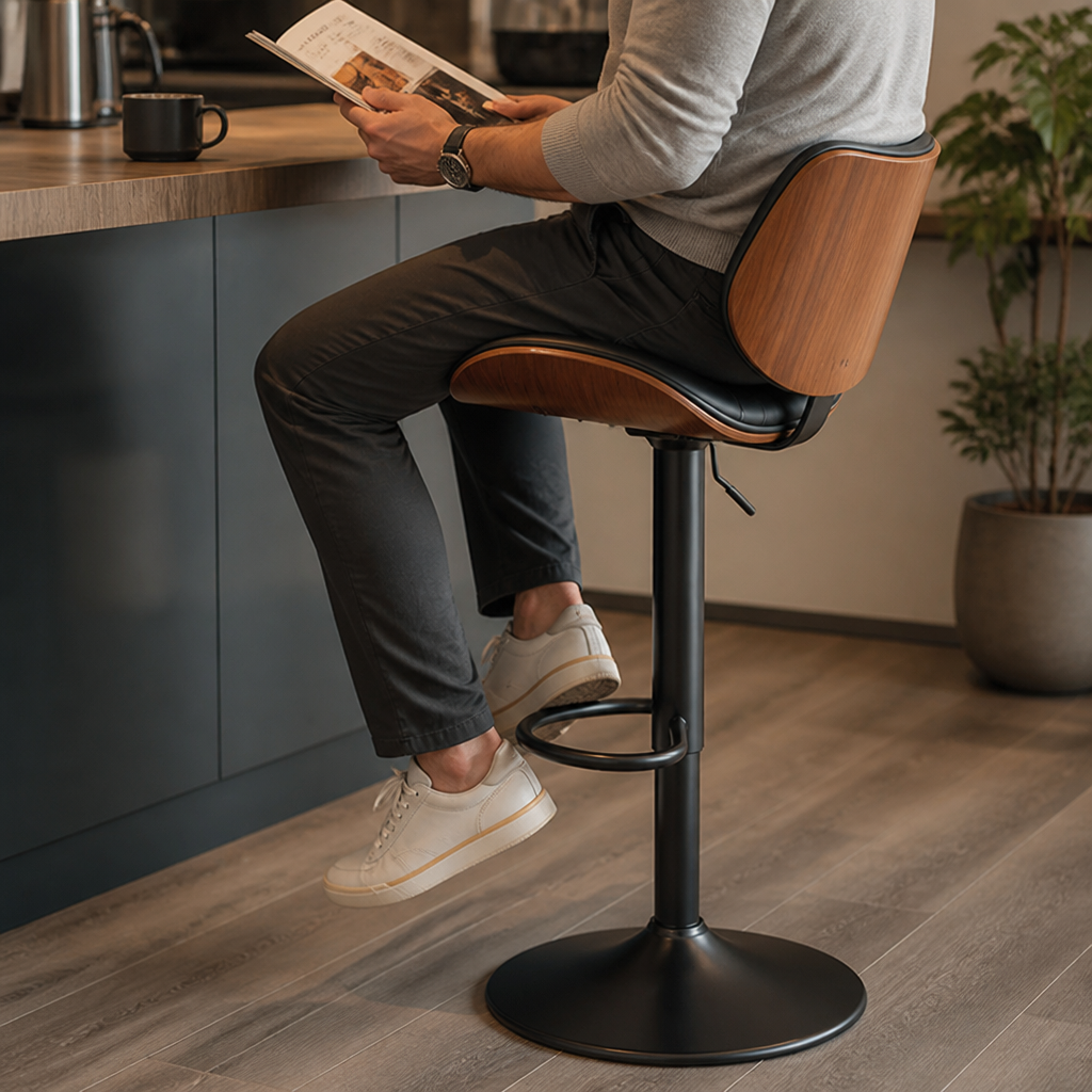 Upholstered Bar Stool With Wood-Look Backrest