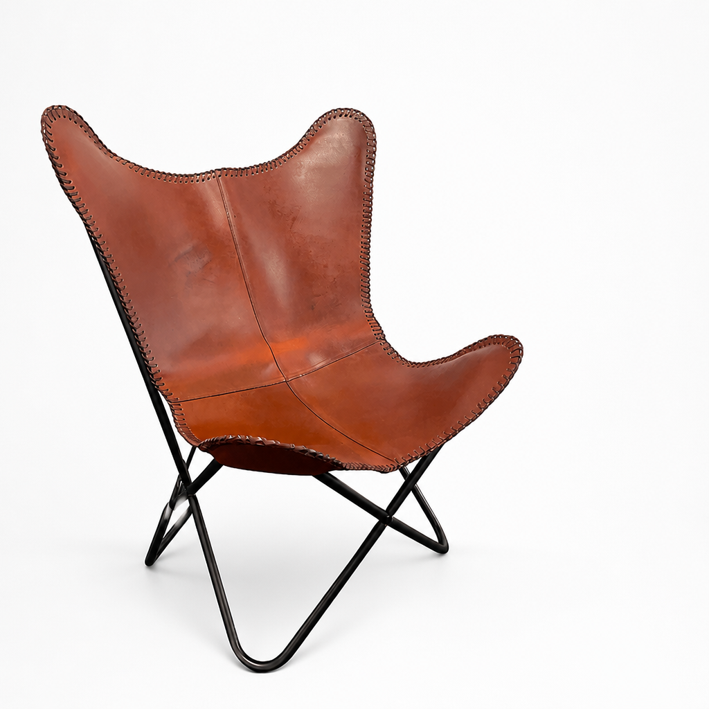 Vegan-Tanned Leather Cover Butterfly Chair With Powder-Coated Steel Frame
