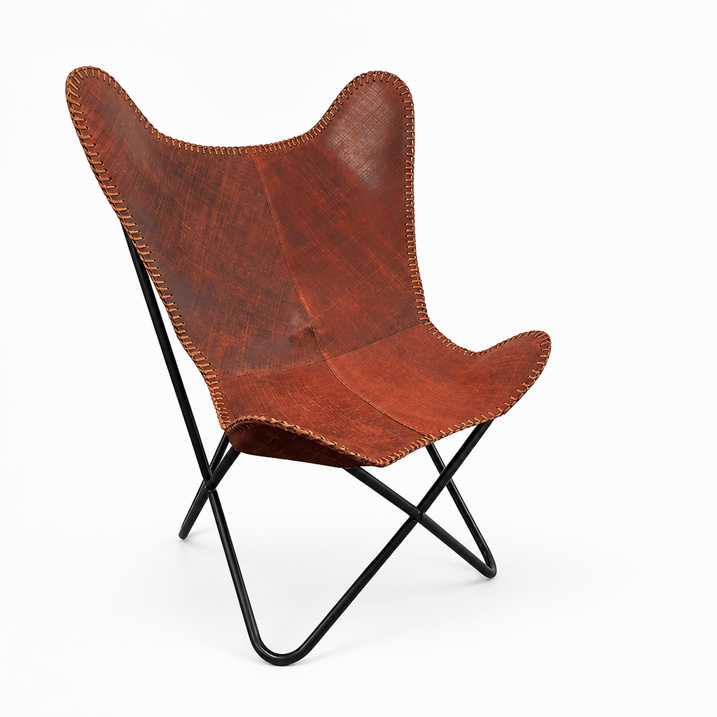 Vegan-Tanned Leather Cover Butterfly Chair With Powder-Coated Steel Frame