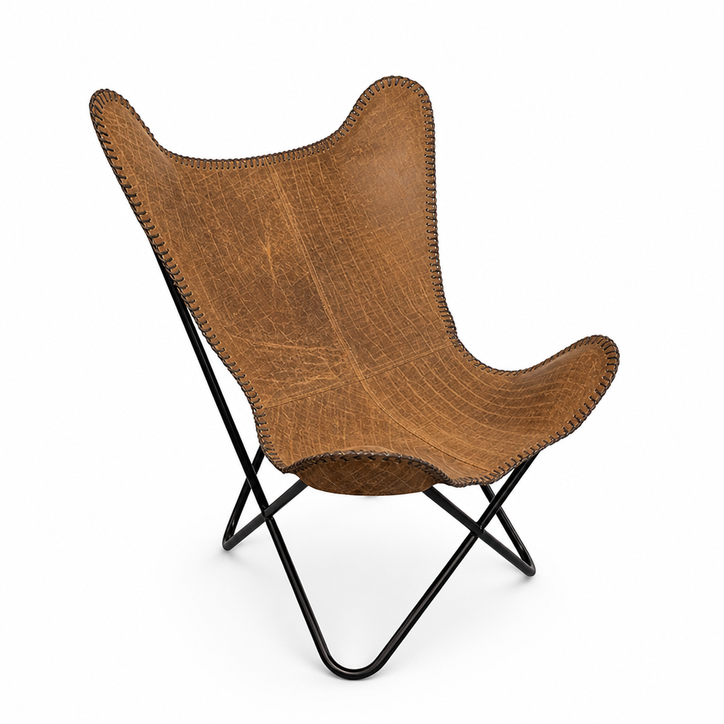 Vegan-Tanned Leather Cover Butterfly Chair With Powder-Coated Steel Frame
