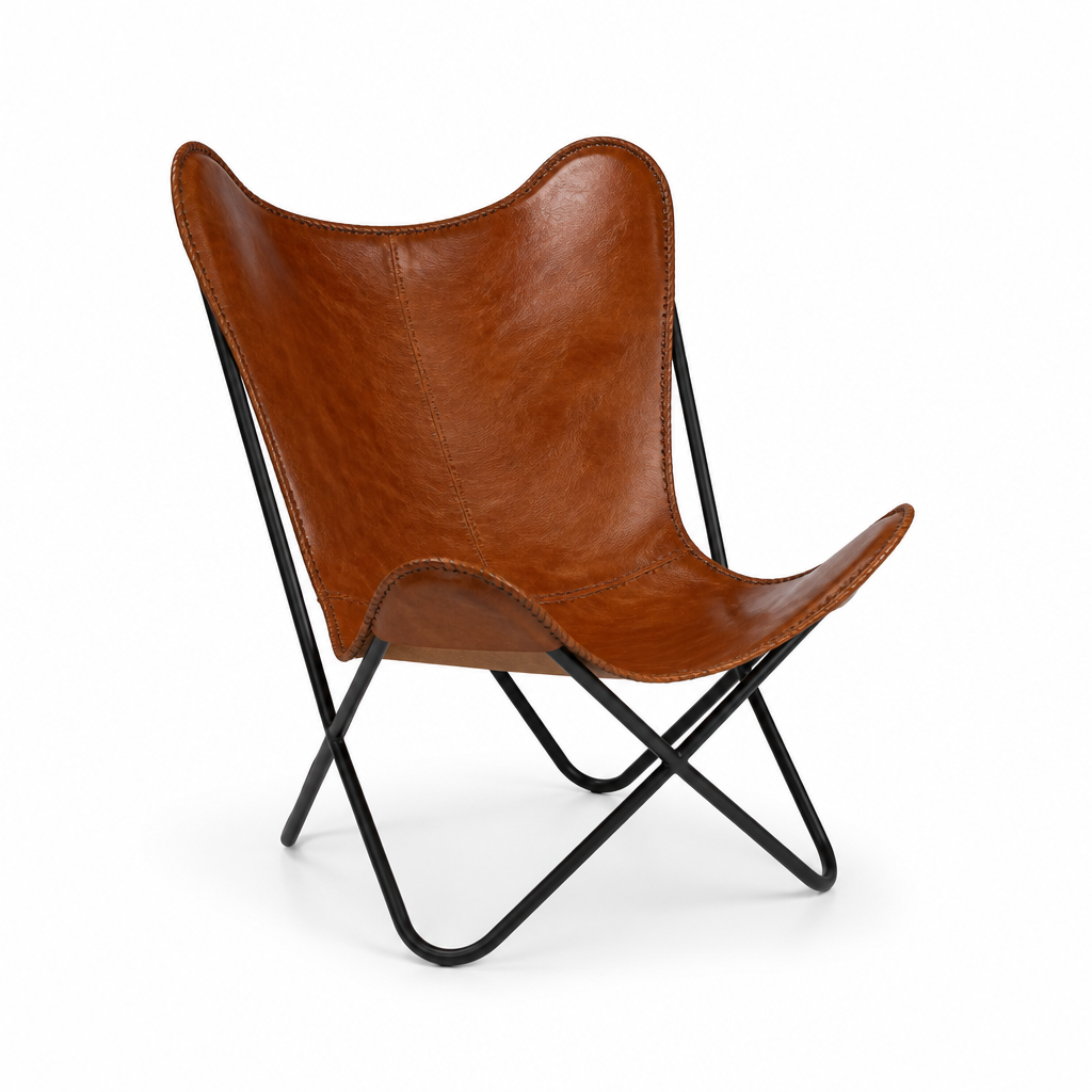 Vegan-Tanned Leather Cover Butterfly Chair With Powder-Coated Steel Frame
