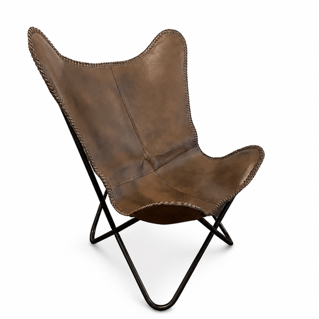 Vegan-Tanned Leather Cover Butterfly Chair With Powder-Coated Steel Frame