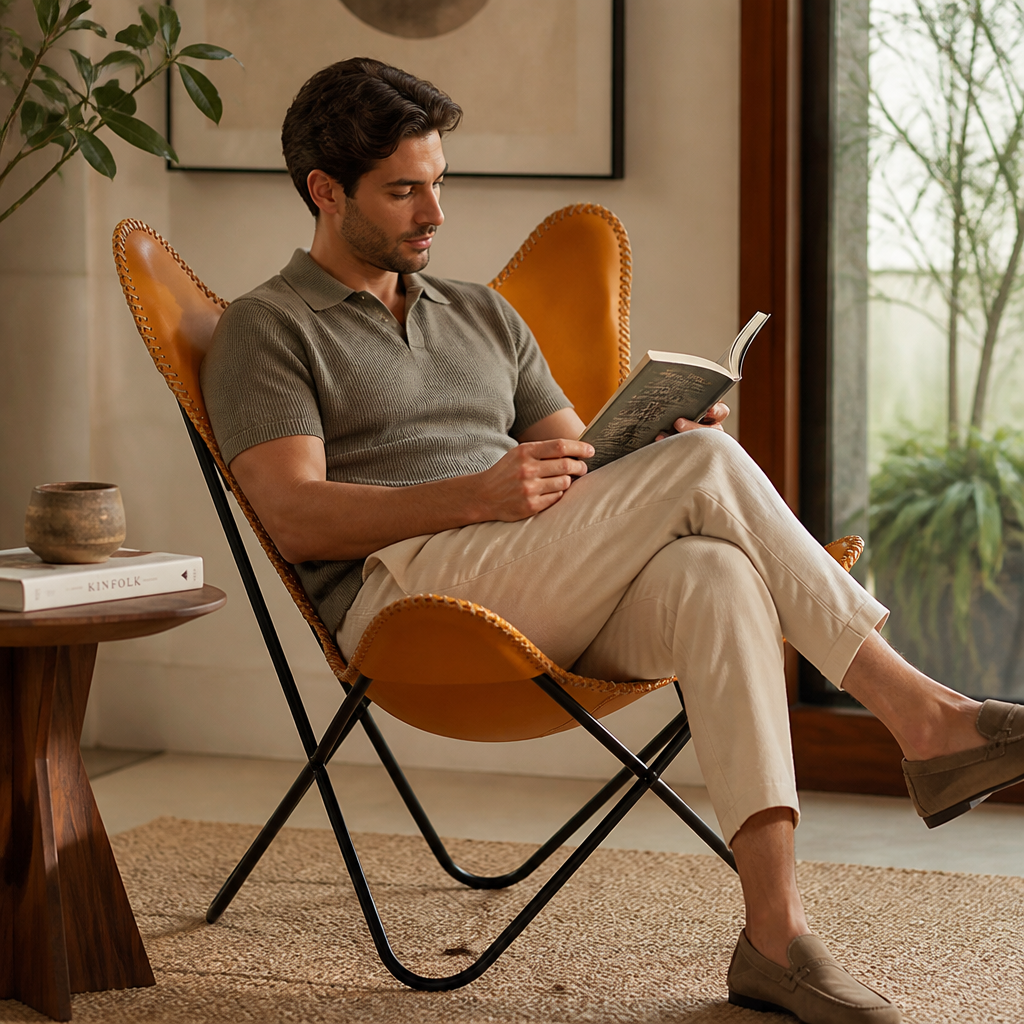 Vegan-Tanned Leather Cover Butterfly Chair With Powder-Coated Steel Frame