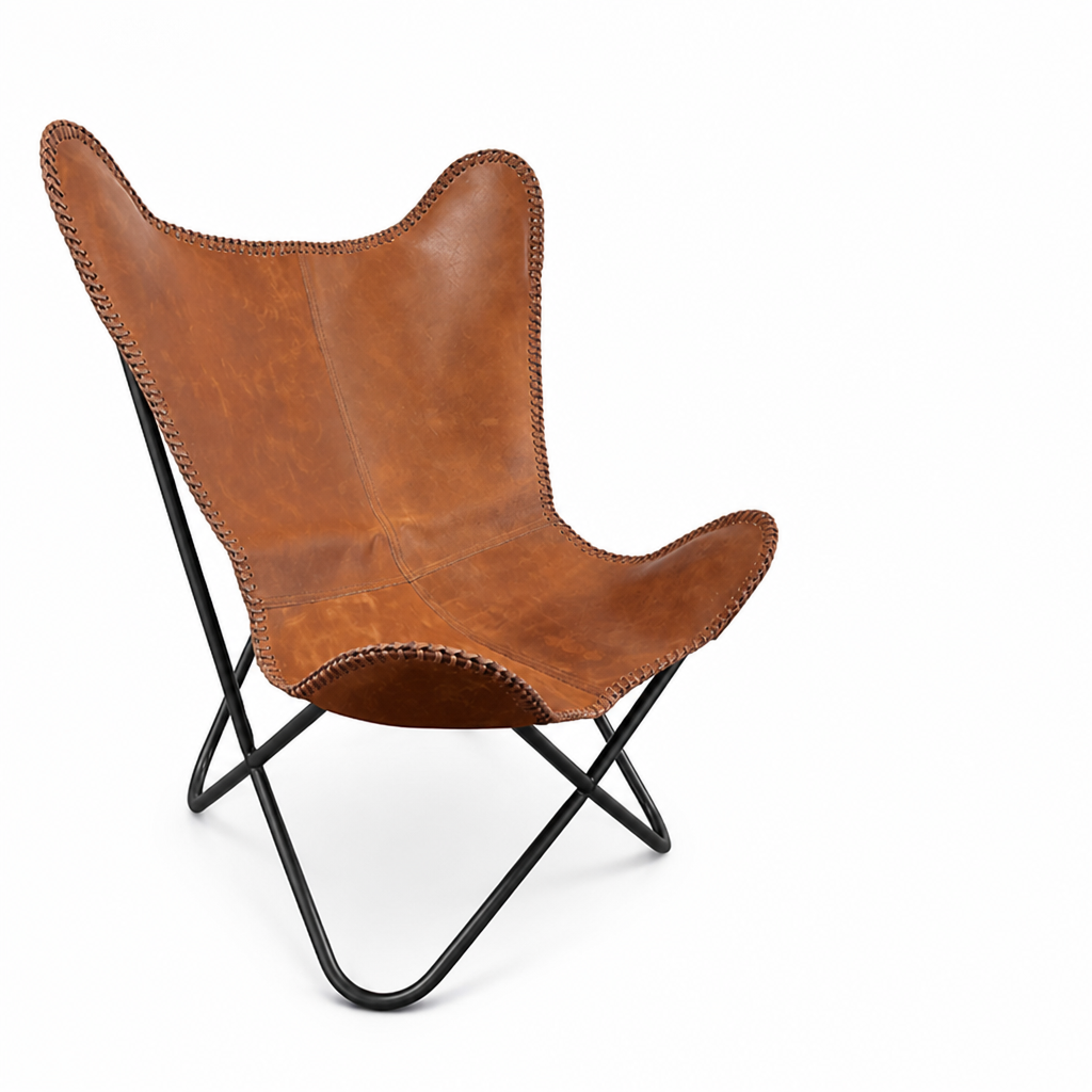 Vegan-Tanned Leather Cover Butterfly Chair With Powder-Coated Steel Frame