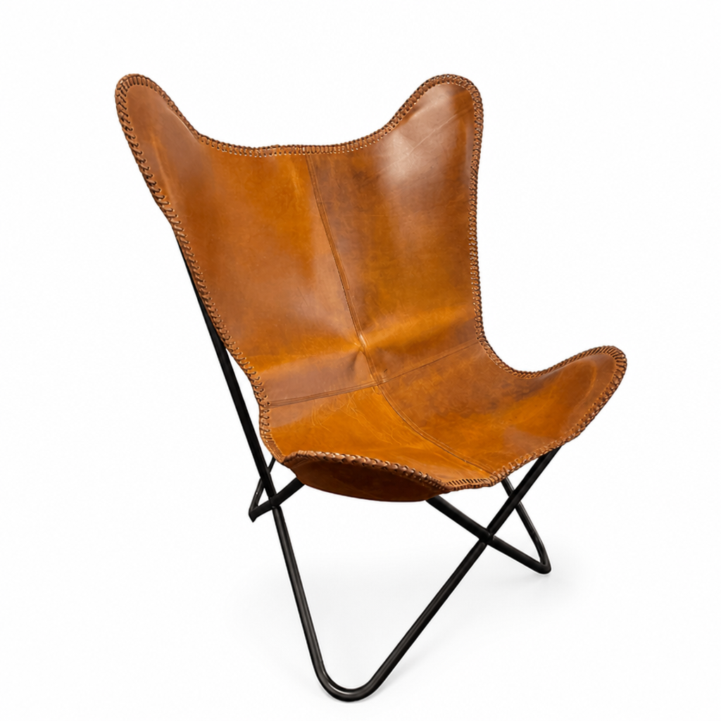 Vegan-Tanned Leather Cover Butterfly Chair With Powder-Coated Steel Frame