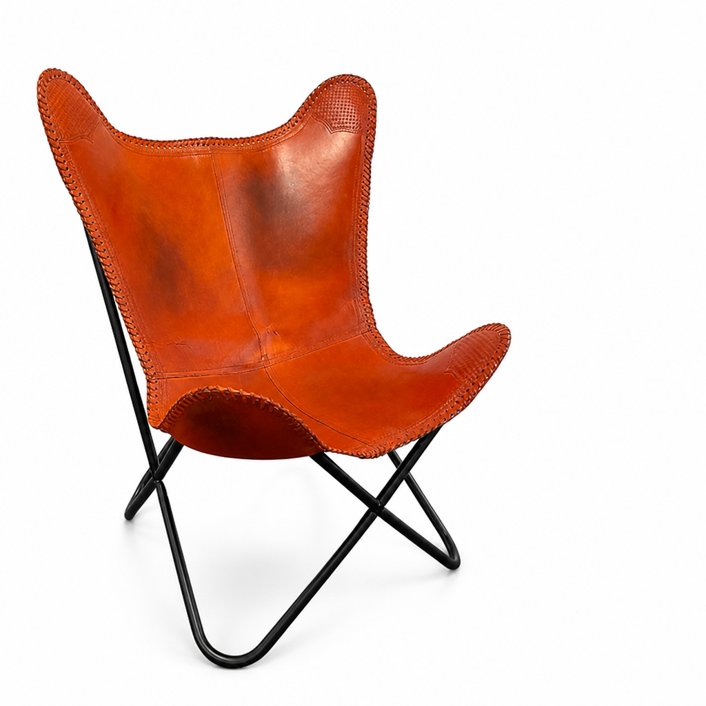 Vegan-Tanned Leather Cover Butterfly Chair With Powder-Coated Steel Frame
