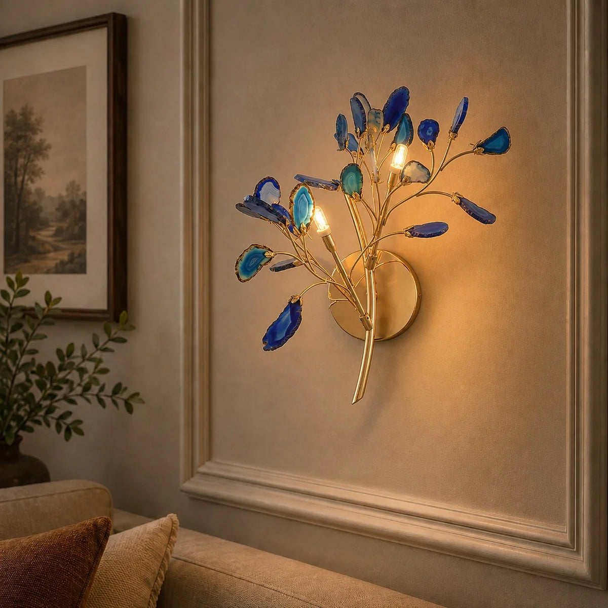 Wall Light Natural Agate Metal Frame Hardwired