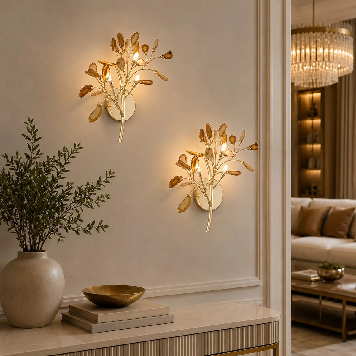 Wall Light Natural Agate Metal Frame Hardwired