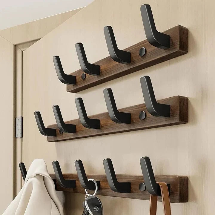 Wall-Mounted Coat Rack Wood & Metal Multiple Hooks