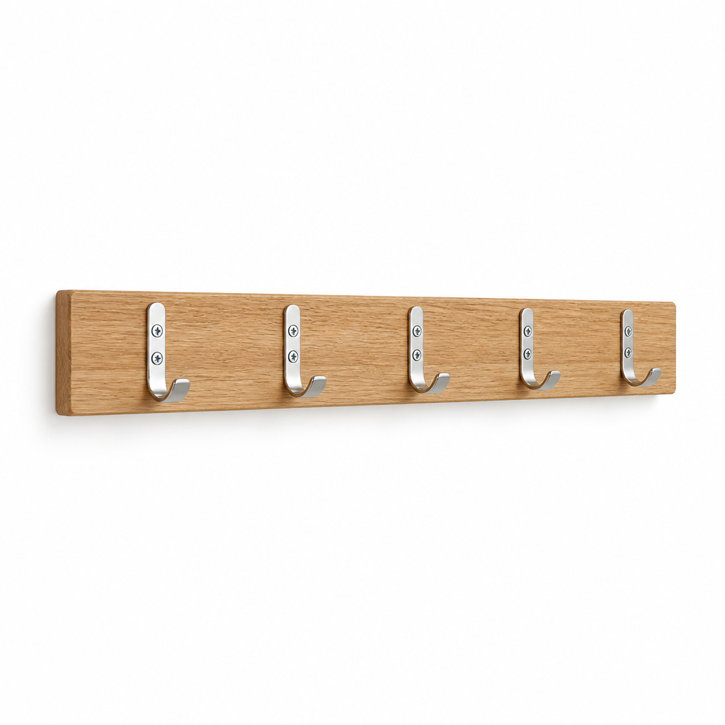 Wall-Mounted Oak Wood Coat Rack (5 Hooks)
