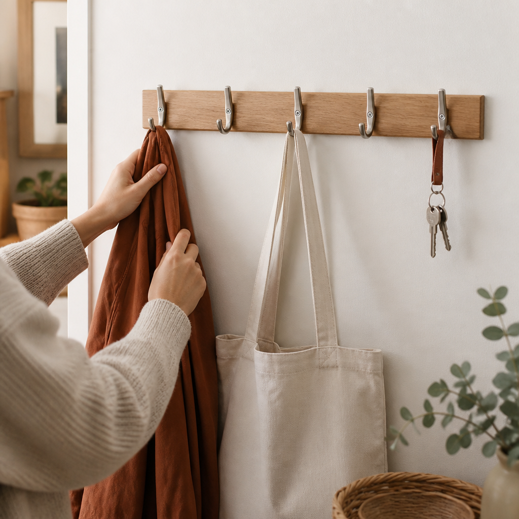 Wall-Mounted Oak Wood Coat Rack (5 Hooks)