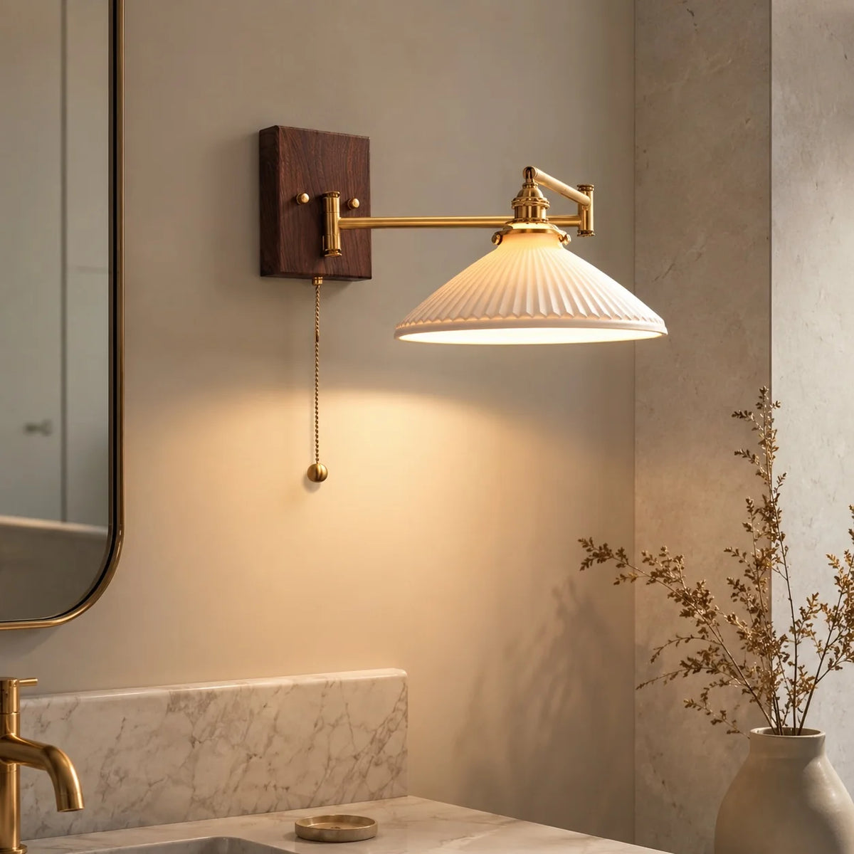 Wall Sconce Geometric Ceramic Walnut & Brass