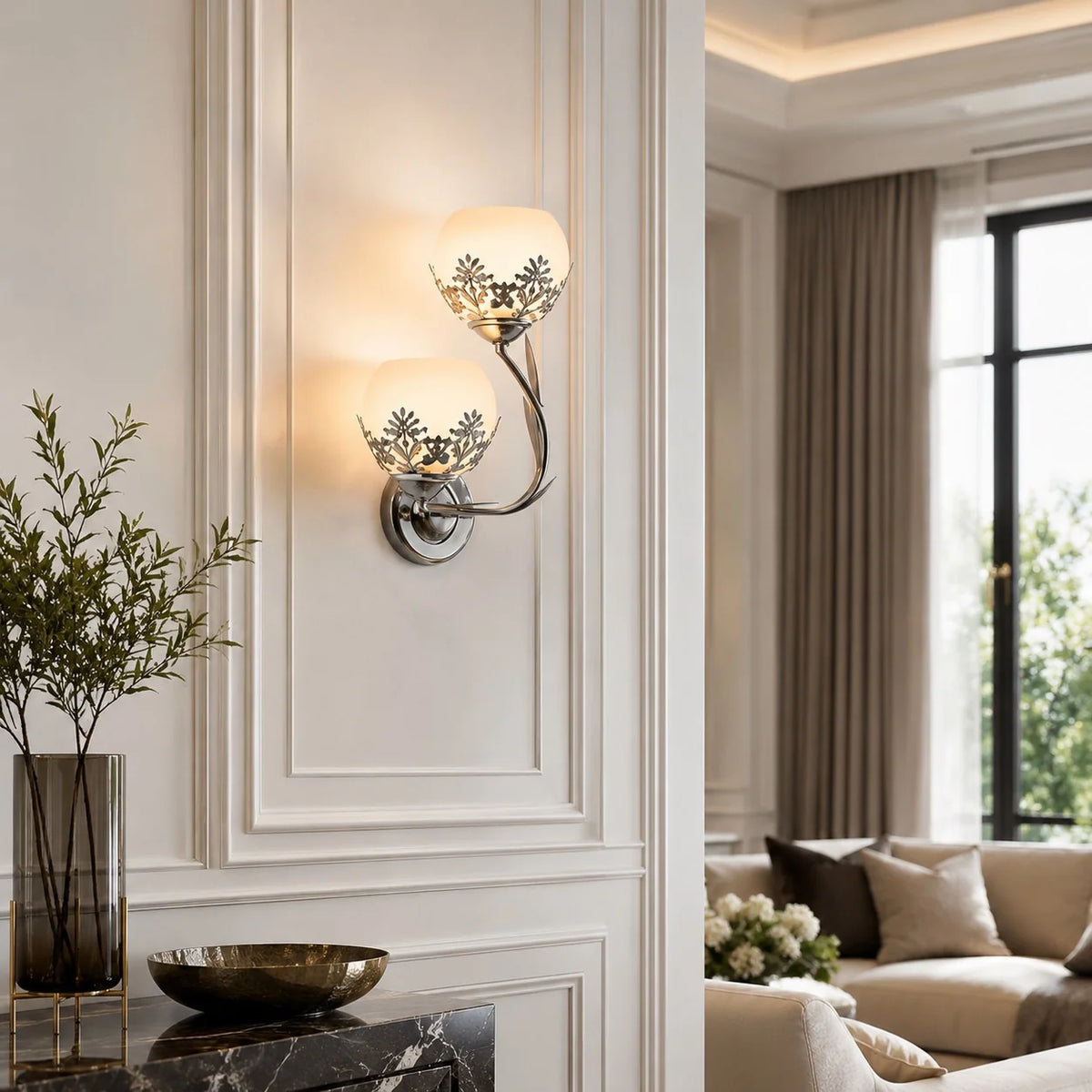 Wall Sconce Vintage Floral Metal & Glass Warm LED