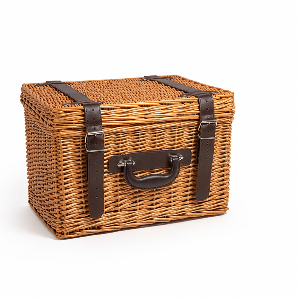 Women's Woven Picnic Basket With Leather Straps (Includes Plates, Glasses & Cutlery)