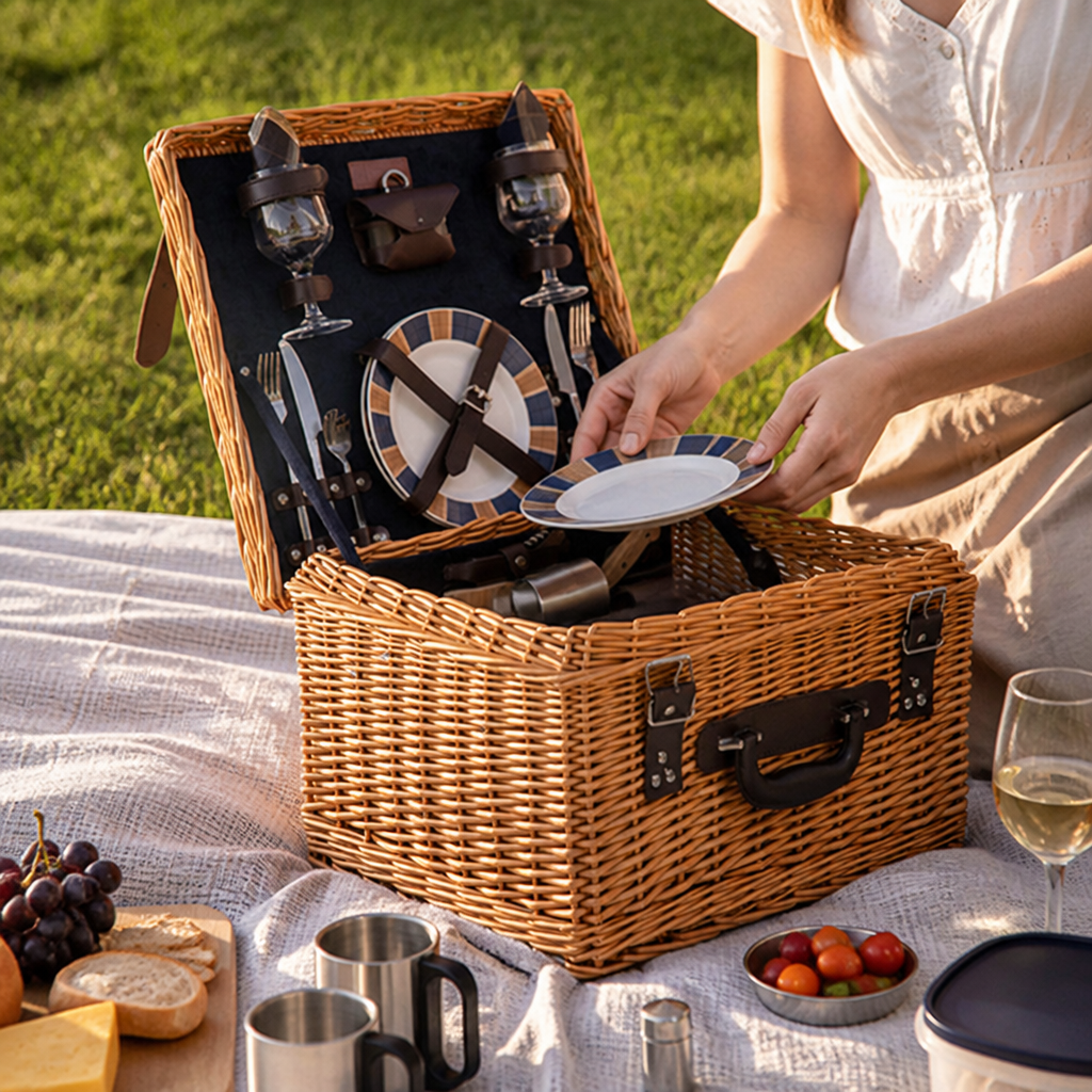Women's Woven Picnic Basket With Leather Straps (Includes Plates, Glasses & Cutlery)