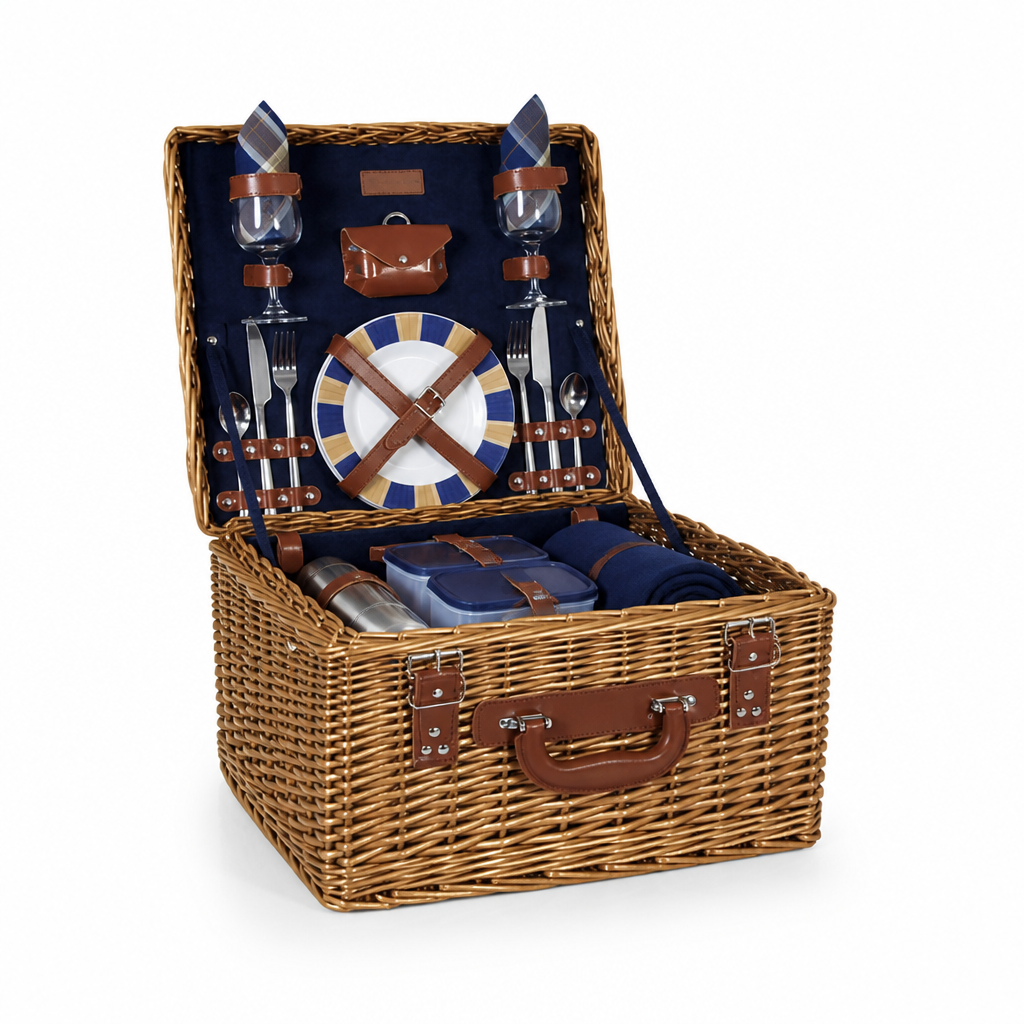 Women's Woven Picnic Basket With Leather Straps (Includes Plates, Glasses & Cutlery)