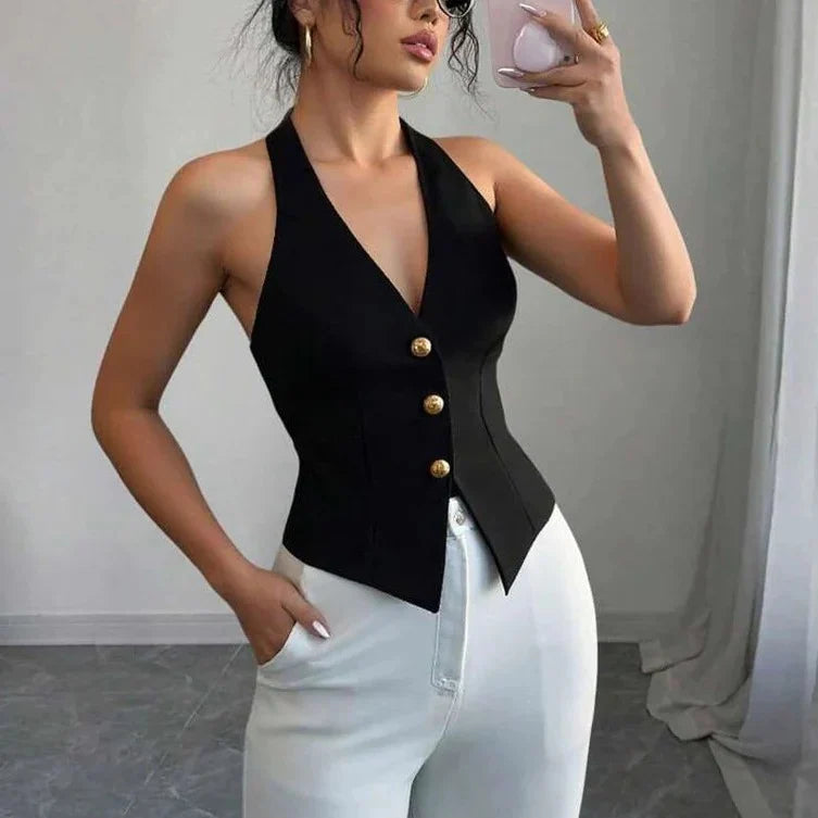 Womens Tailored Vest Plunging V-Neck Waist-Cinching Wrinkle-Resistant
