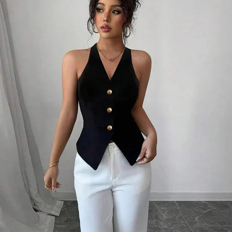 Womens Tailored Vest Plunging V-Neck Waist-Cinching Wrinkle-Resistant
